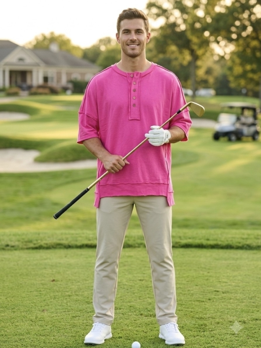 Men's Short-Sleeve Pink Henley Button-Front Casual Shirt
